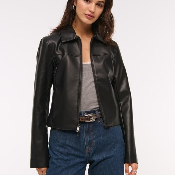 BNWT Abercrombie & Fitch Slim Zip Vegan Leather Jacket, Black, Extra Small - Picture 1 of 5